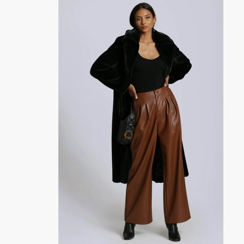 NWT Avec Les Filles Wide Leg Faux-Ever Leather™ Pleated Pants Small, SIENNA